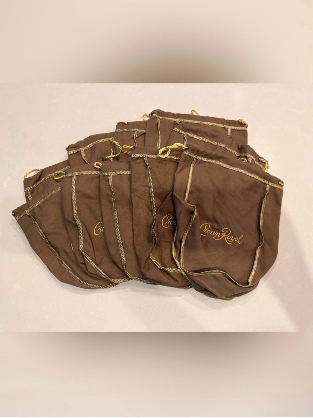 10 Crown Royal light brown drawstring pouches